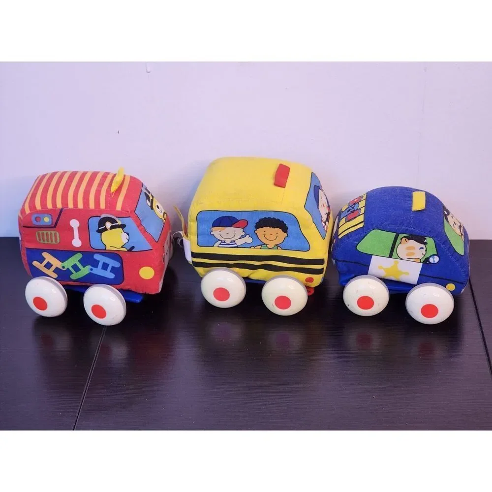 Melissa & Doug Ks Kid Pullback Vehicle Soft Cloth Plush Fire Police Bus Lot of 3